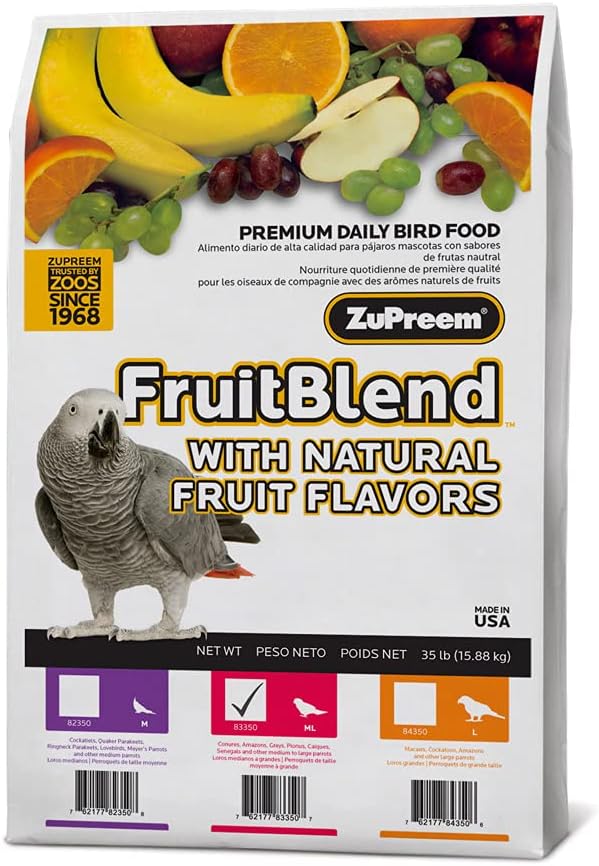 ZuPreem FruitBlend Flavor Pellets Bird Food for Parrots and Conures, 35 lb - Daily Blend Made in USA for Caiques, African Greys, Senegals, Amazons, Eclectus, Small Cockatoos