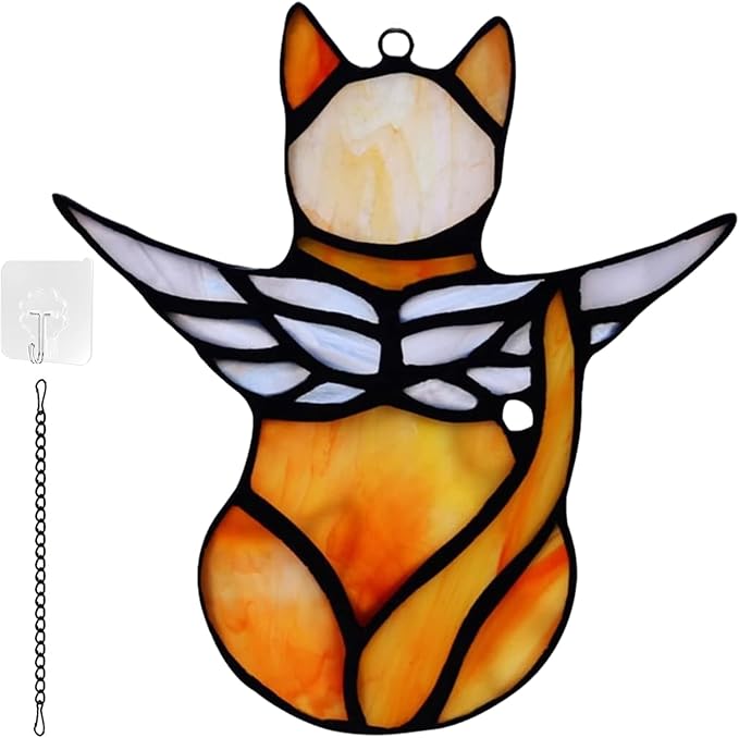 Angel Cat Memorial Ornament, Acrylic Window Hanging Decoration for Cat Lovers, Wings Suncatcher Decor, Pet Sympathy Gift Statue (Orange)