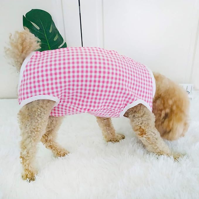 Dog’s Recovery Suit Post Surgery Shirt for Puppy, Wound Protective Clothes for Little Animals(Pink White Plaid-m)