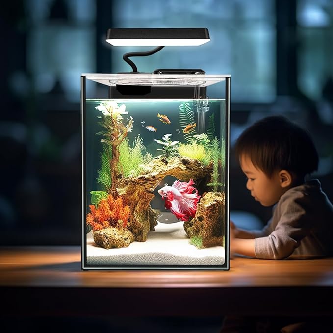 Glass Betta Aquarium Starter Kits 1.5 Gallon Small Fish Tank, Betta Fish Tank with LED Light, Power Filter, Black. 4mm Glass
