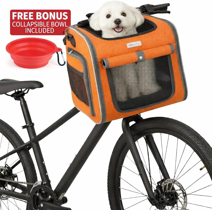 New Dog Bike Basket - Premium Dog Basket for Bike, Secure Pet Basket for Rides with Safety Strap, Dog Carrier Backpack Carrier with Dog Bowl by Luniko Shop (Orange)