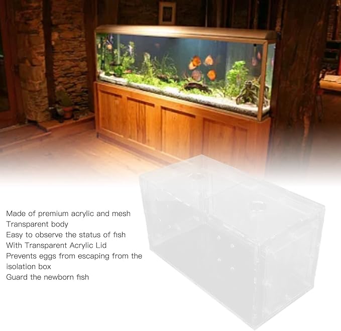 Fish Breeding Isolation Box | Transparent Mesh Side Aquarium Incubator | Guard Small Fish/Eggs | Acrylic Lid & Adjustable Hook | for Fish Tank Hatching (20 * 10 * 11CM)