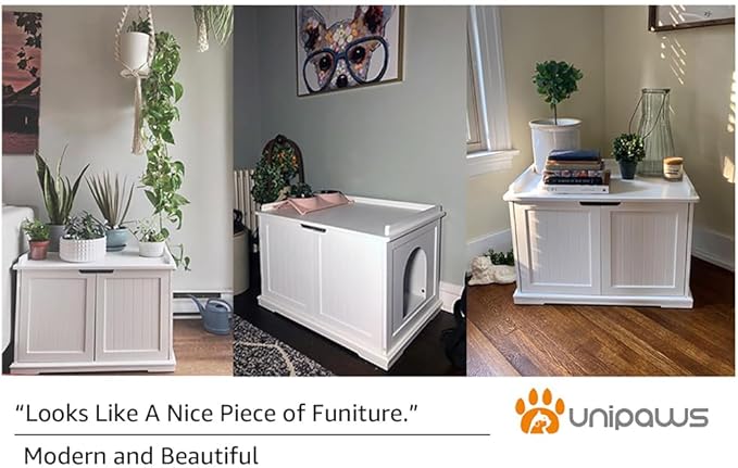 unipaws Cat Litter Box Enclosure Furniture, Cat Washroom, Hidden Litter Box Cover, Cabinet for Large Cat, Dog Proof Cat Litter Boxes, Hideaway Litter Box, Cat House, White