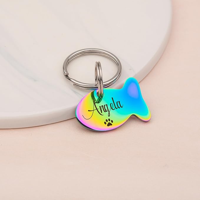 Anavia Small Size Dog Cat ID Tags, Small/XS Personalized Color Plated Stainless Steel Puppy Kitten Name Tags, Customized Engraved Nameplate Pet Collar Tag (Gold, Fish)