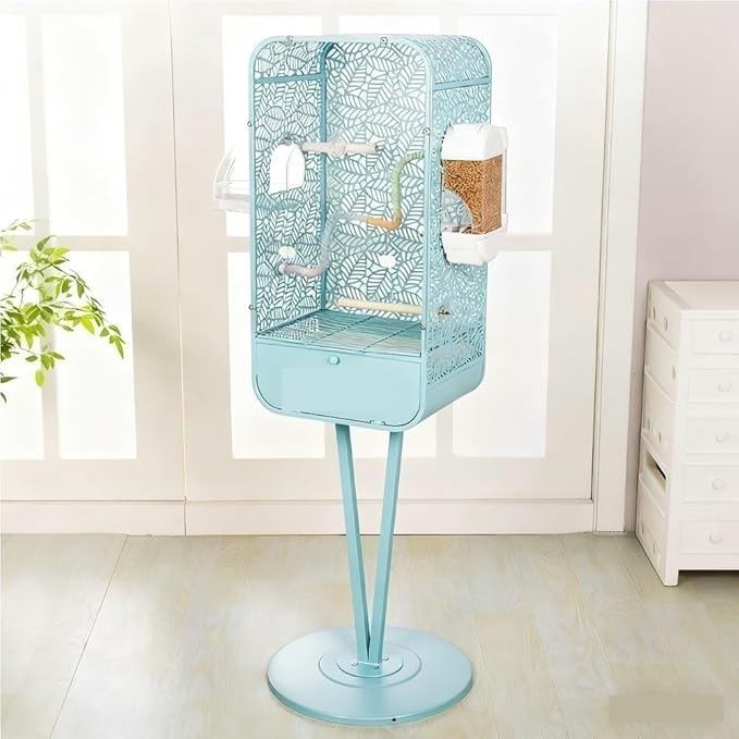 Metal Birdcage with Stand, Decorative Small Bird Cage for Parakeets, Cockatiels, Budgies, Indoor Bird Decor for Home(Blue)