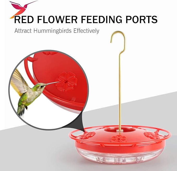eWonLife 2 Pack Hummingbird Feeders for Outdoors, 16oz Leak-Proof Saucer Humming Bird Feeder with Integrated Ant Moat, Bee Proof 5 Feeding Ports, Brush, Easy Clean & Refill, Hanging Garden Yard Décor