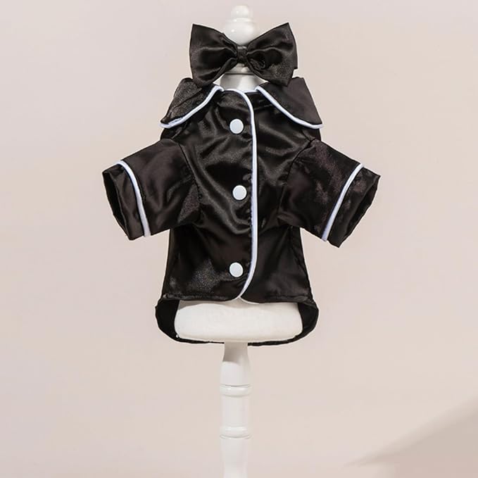 Cat Puppy Costume Elegant Satin Pajamas with Bow Headband 2PCs Set Pet Sleepwear Cute Pet Outfit Cosplay Partywear Photoshoots (Black Set,Small)