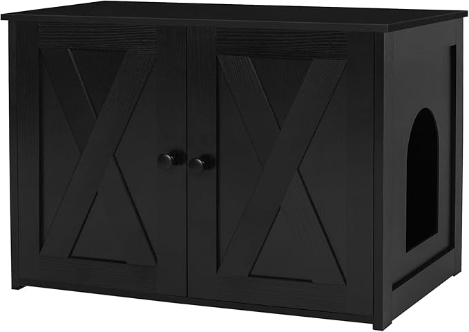 Dwanton Litter Box Enclosure, Cat Litter Box Furniture Hidden, Reversible Entrance Can Be on Left or Right Side, Wooden Cat Washroom Indoor, Black, 27.6 Inches