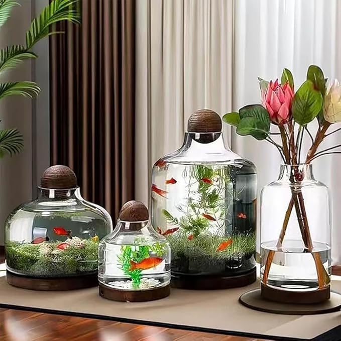 Glass Aquarium, Miniature Landscape Terrarium Glass Fish Tank with Wooden Base, Modern Betta Fish Tank, Small Aquarium for Home and Office Decoration,XXL