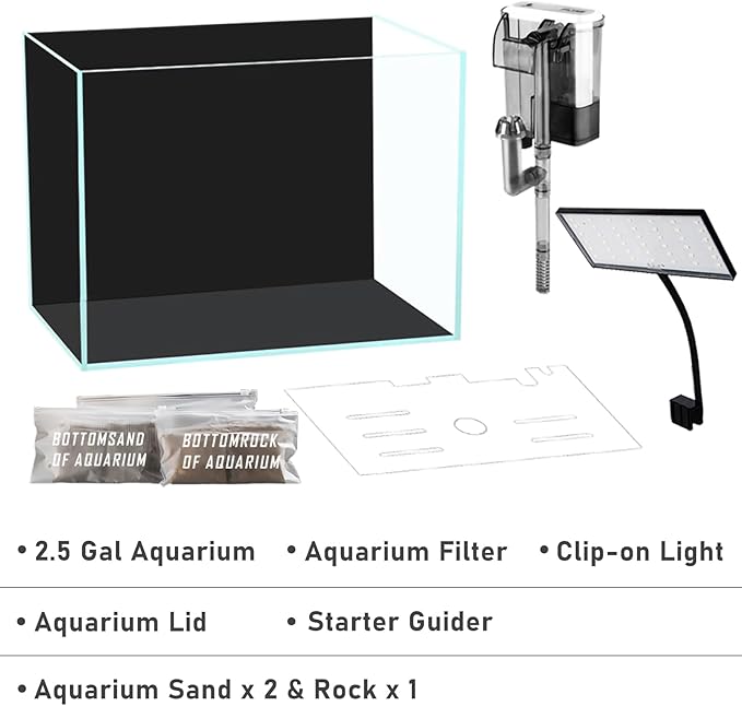 Betta Fish Tank, 2.5 Gallon Nano Nature Aquarium Starter Kit, Ultra-Clear Rimless Desktop Fish Tank with Light, Filter, Gravel and Rock, Aquarium Perfect for Small Fishes, Black