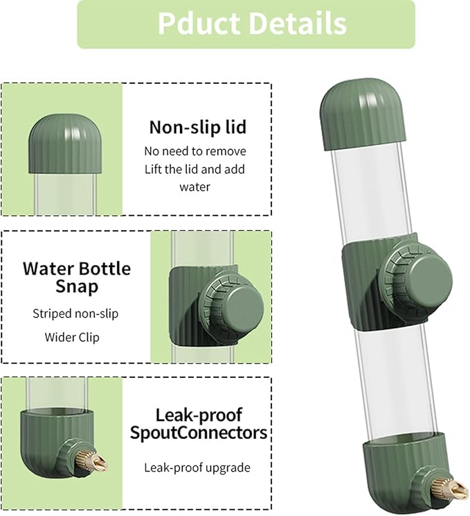 9.4 Fl Oz No Mess Bird Water Dispenser, Automatic Parrot Water Feeder with Spring Valve, Clear Cage Water Drinker for Parakeets Cockatiels Budgies Finch Lovebirds & Canary (Green, 7.4 fl oz (220ml))