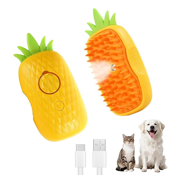 Cat Steam Brush for Shedding, 4 in 1 Rechargeable Steam Brush for Cats and Dogs, Anti-Static, Massage, Cleaning, Shedding & Combing All in One! (Yellow)