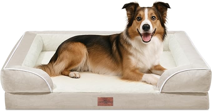 Comfort Expression Orthopedic Dog Bed for Large Dogs 38x25 Inch, Waterproof Supportive Egg Crate Foam Large Pet Bed with Removable Bolsters, Dog Couch with Washable Cover & Non-Slip Bottom, Beige
