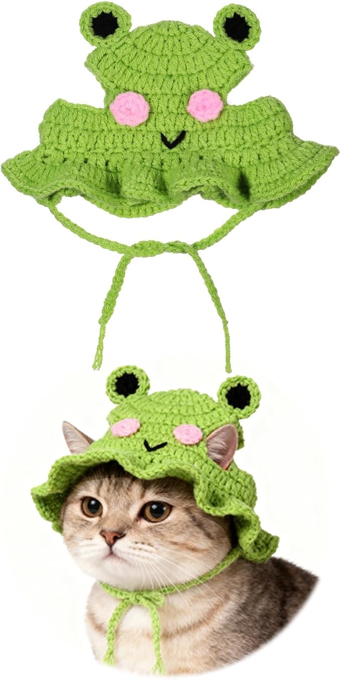 1 PCS Cat Hat Cute Frog Shape Pet Cap Frog & Flower Cats Hat Cotton & Soft Cute Knitted Cats Hats Cutes Knitted Cat Costume for Small Pets (Green, M)
