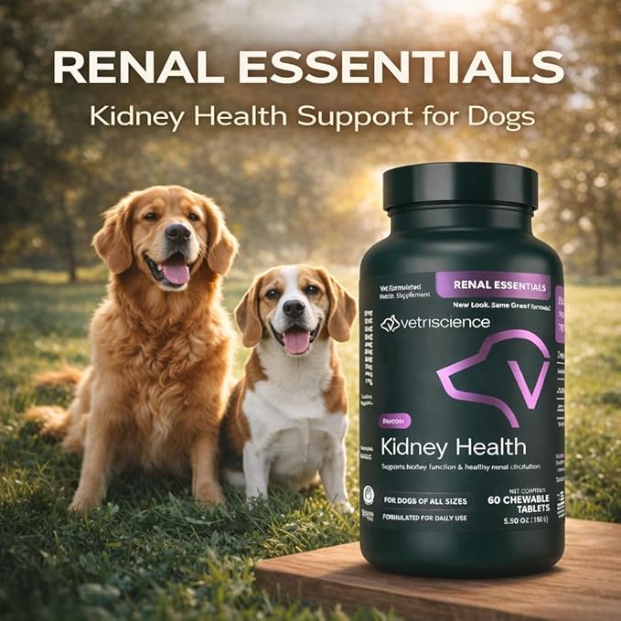 VetriScience Kidney Health Chewable Tablets, Renal Essentials Supplement for Dogs, Urinary Tract and Kidney Support with Mushroom, Astragalus Root, Nettle Seed and Herbs, Smoke, 60 Count