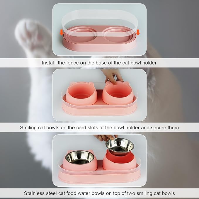 Elevated Cat Food Bowls, Raised Cat Bowl with Stand Stainless Steel, Tilted Bowls Anti Vomiting, Double Cats Food and Water Bowl Set for Cats (Pink)