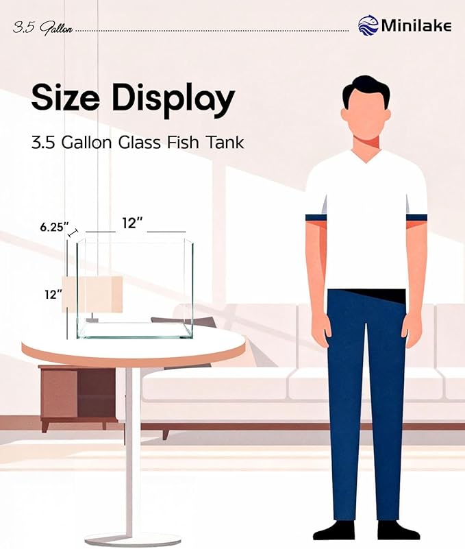 3.5 Gallon Clear Glass Fish Tank, Aquarium Fish Bowl Ultra Clear Rimless Design for Betta Goldfish Snails Shrimp Aquatic Planting