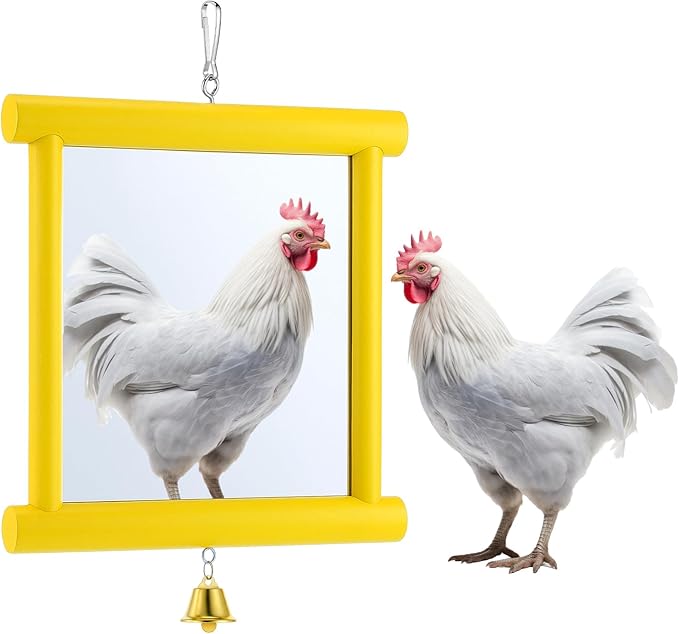 Sadnyy 1 Pcs Chicken Mirror Toys Extra Large 10.6 x 10 Inch Big Hanging Swing Mirror with Bell Wooden Pecking Toy for Hens Birds Parrots Coop Roosters (Square,Yellow)
