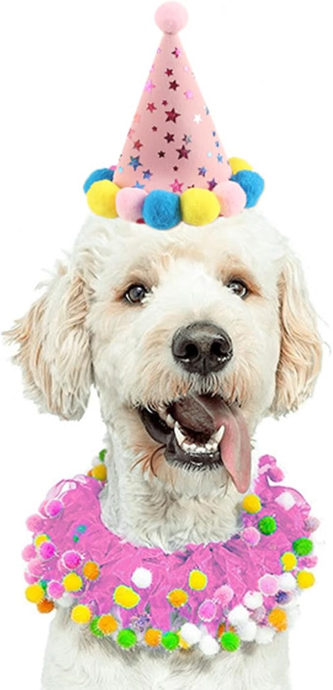 2-PC Pet Birthday Party Costume-Puppy Pink Adjustable Collar Saree with Colorful Balls and Cute Star Hat Soft Costume Accessory for Dogs Cats