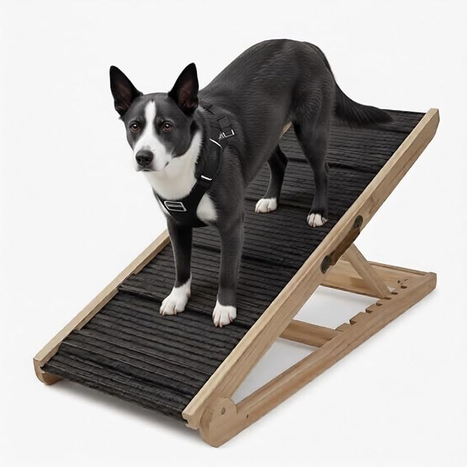 Large Dog Ramp for Bed and Couch Non Foldable Wooden Adjustable Pet Stairs for Dogs and Cats 41.3" Non Slip Ramp with 6 Height Settings Upto 25.6" Puppies, Pets, Indoor Outdoor Use