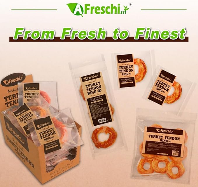 A Freschi srl Turkey Tendons for Dogs, USA-Sourced, Healthy Dog Treats, Rawhide-Free Puppy Chews, Long Lasting, All Natural, Hypoallergenic Dog Treats for Medium Breeds, 20 Count Box Ring (M)