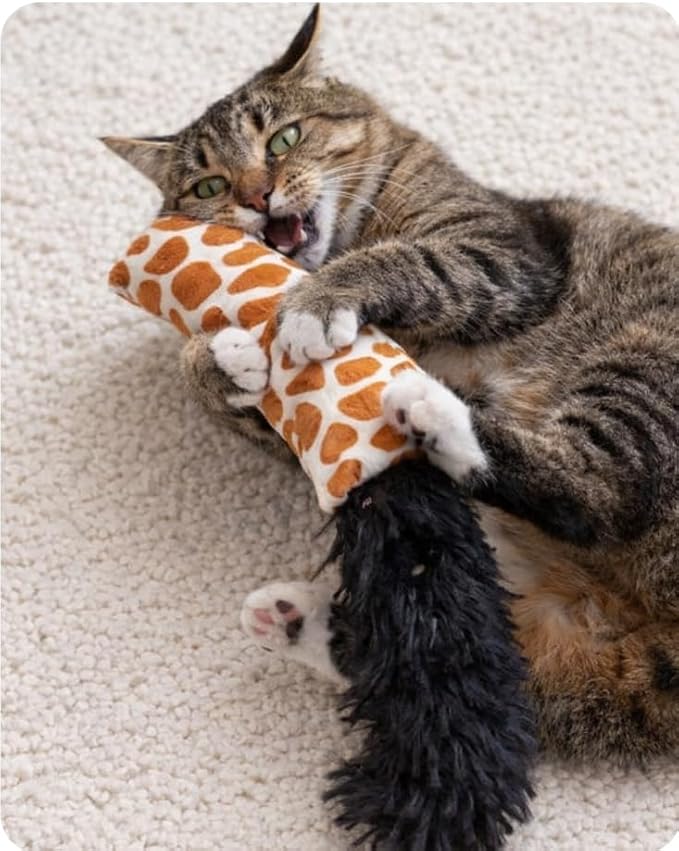 Cat Tail Plushy with Animal Print Patterns, Giraffe and Zebra Design, Soft Plush with Furry Tails, 2 Pack