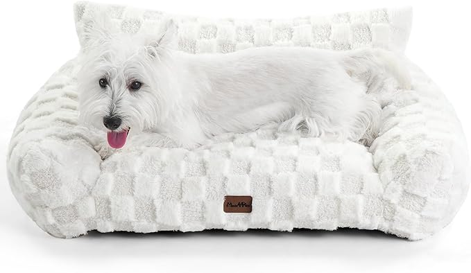Made4Pets Cat and Dog Indoor Couch Bed, Soft Faux Fur Checkered Pet Sofa, Cozy Fluffy Pet Sofa with Supportive Foam, Removable Washable Cover with Non-Slip Base, White, Medium