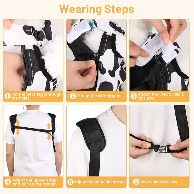 Inspack Dog Backpack Carrier/Cat Carrier, Adjustable Pet Front Carriers Travel Bag for Puppy Medium Dogs, Legs Out, Soft Ventilated Dog Chest Carry Backpacks for Hiking/Camping, 7-11 lbs, Cow Print