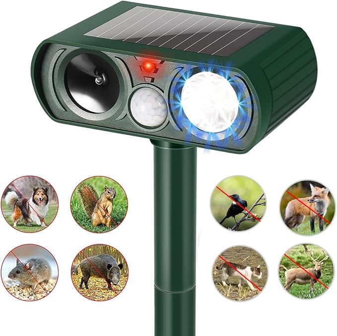 Animal Repellent Solar Powered Ultrasonic Animal Repellent Motion Sensor and Flashing Light Outdoor Weatherproof Farm Garden Lawn for Cat Dog Coyote Bird Skunk Snake Raccoon Rabbit Squirrel (1 Pack)