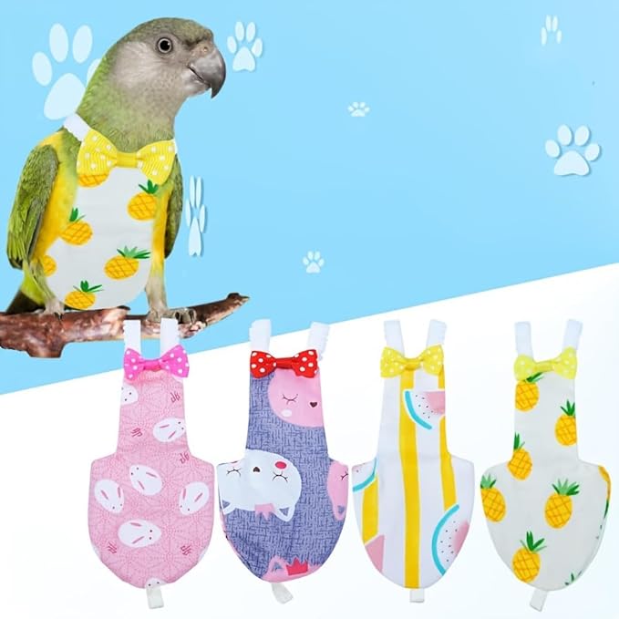 Bird Clothes, 4-Pack Reusable Bird Diapers with Adjustable Strap for Small and Medium Parrots, Cockatiels, Lovebirds, Parakeets (M)