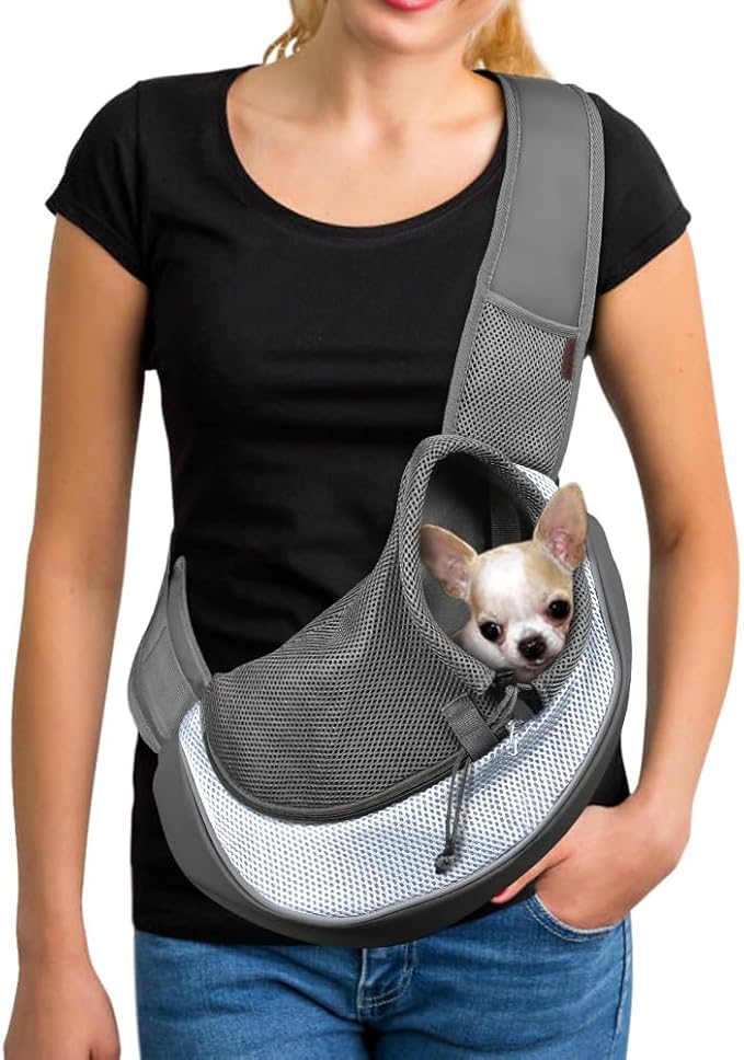 YUDODO Pet Sling Carrier for 5-9 lbs Small Dogs & Cats – Hands-Free Puppy Carrier with Safety Hook, Large Zipper Pocket, Soft Breathable Mesh, Adjustable Strap & Reflective Strip (Gray 1.0 M)