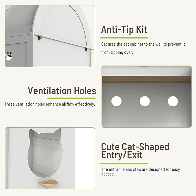 63" Large Cat Litter Box Enclosure Furniture, Arched Hidden Litter Box Cabinet with 3 Storage Shelves and Ventilation Holes, Wooden Cat House with Flip-Up Door, White and Natural