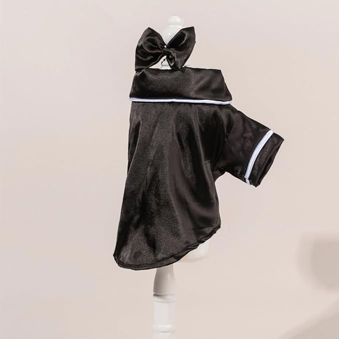 Cat Puppy Costume Elegant Satin Pajamas with Bow Headband 2PCs Set Pet Sleepwear Cute Pet Outfit Cosplay Partywear Photoshoots (Black Set,Large)