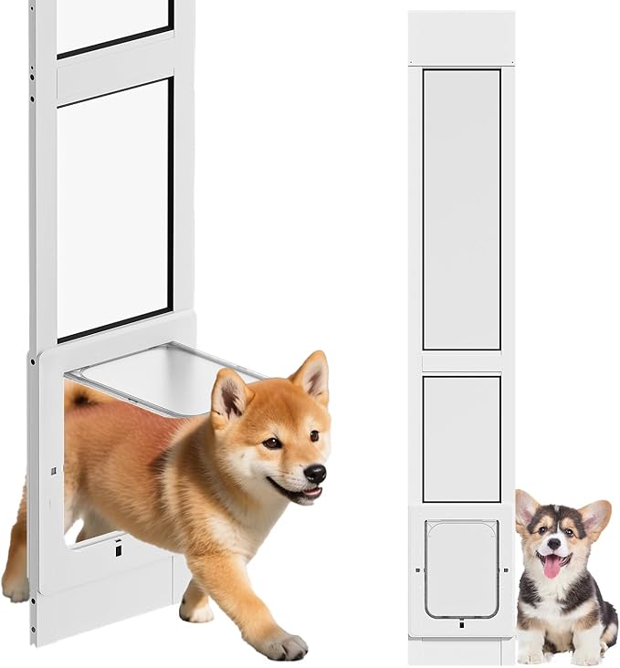 Dog Door for Sliding Glass Door with Magnetic Plastic Flat, Sliding Door Pet Doggie Door Insert with Lock, Adjustable Height No-Cut Required Doggy Door Access Renters, Apartments, Patio (White, L)
