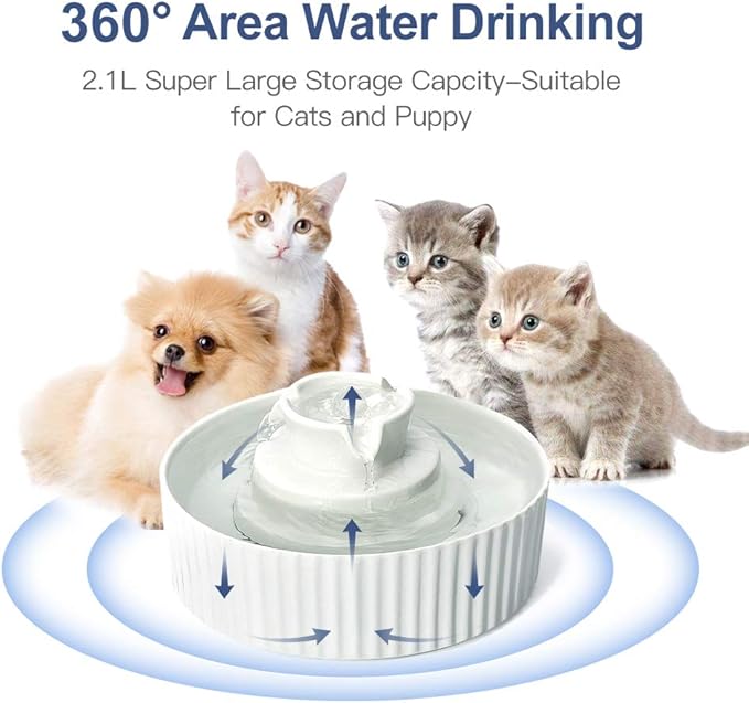 Cepheus Pet Drinking Fountain-2.1L/71oz Ceramic Cat Water Fountain-Automatic Ceramic Water Fountain for Cats and Dogs with with Ultra-Quiet Pump(White)