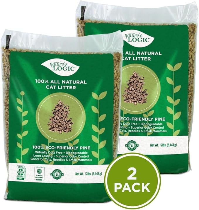 Nature's Logic 100% Natural Pine Pellet Cat Litter - 100% Ponderosa Pine, Dust-Free, Unscented, Biodegradable - Safe for Cats, Kittens, Reptiles & Small Pets - Highly Absorbent - 24lb (2, 12lb)