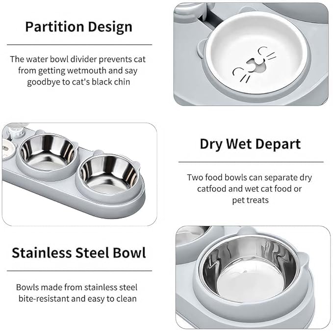 Marchul 3 in 1 Cat Bowl, Cat Food and Water Bowl Set with Water Dispenser and Stainless Steel Bowls, 15° Tilted Pet Raised Three Bowls for Indoor Cats, Small or Medium Sized Dogs，(Light Gray)