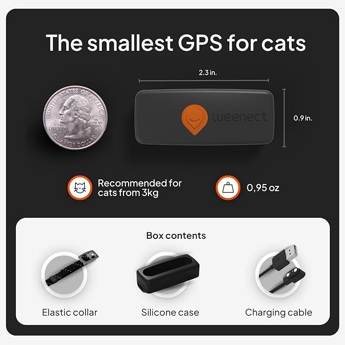 Weenect Cat XS - New GPS Tracker for Cats | Real-time Mini GPS Tracker for Cats | Smallest Model on The Market | Collar Included | Subscription Required