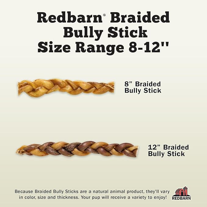 Redbarn Pet Products All Natural 8"-12" Braided Bully Sticks for Medium & Large Dogs - Healthy Long Lasting Beef Chews Variety Party Pack - Single Ingredient Low Odor Rawhide Free - 1 lb Bag