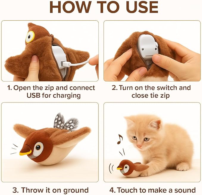 Flappy Bird Cat Toy – Interactive Flapping & Chirping Bird Toy for Cats (No Flying), Indoor Cat Toy for Exercise & Play, Durable Chew Toy for Bored Cats, Catnip Toy for Kitten or Small Dogs