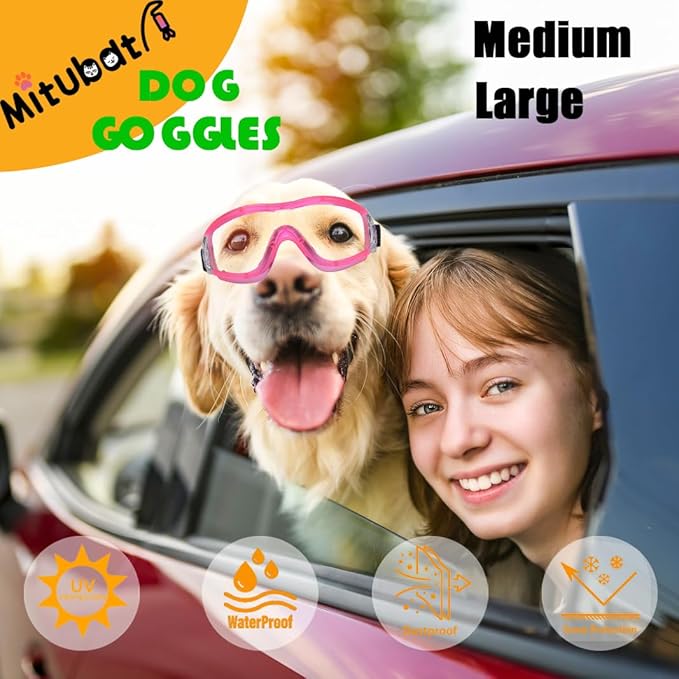 Dog Sunglasses Pet Goggles for Medium Large UV Protection Wind Protection Dust Protection Adjustable Strap Dog Glasses Suitable for Snow Beach Motorcycle (Pink Frame Transparent)