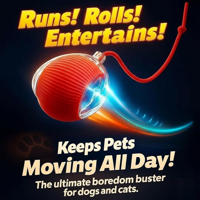 Interactive Electric Automatic Rolling Moving USB Rechargeable Self Activated Play Stimulation Toy Smart Chase Teaser Ball with Speedy Tail Rope for Bored Adult Indoor Cats and Dogs, Red Color
