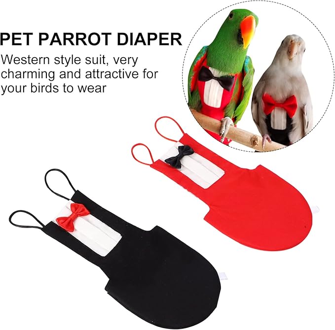 2 Pack Bird Diaper Parrot Flight Suit, Reusable Parrots Nappies with Bowtie Decor Pet Clothes for Budgie Parakeet Cockatiel Wedding Anniversary Christmas Birthday Party- Size XL