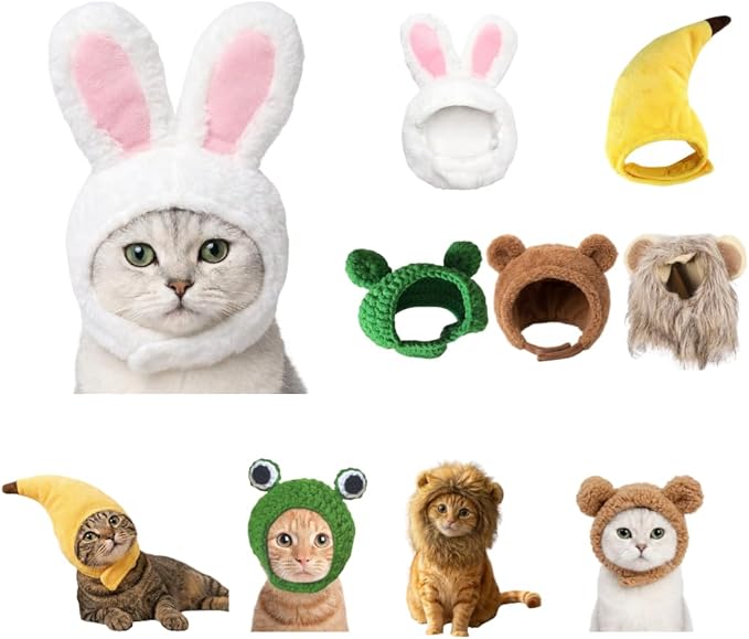 5 Pcs Cat Costume Hats - Banana Frog Lion Bunny Brown Bear Headwear for Cats, Kitten Puppy Party Easter Costume Accessory Headwear(Adjustable Breathable Design)