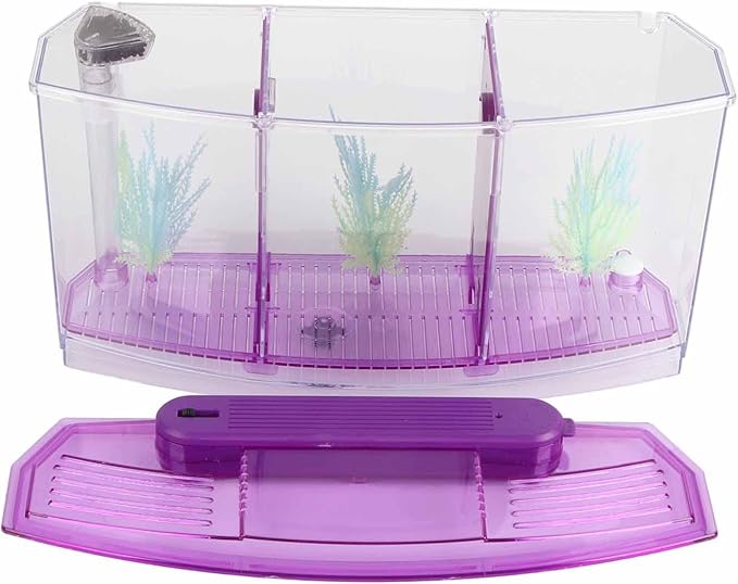 Fockety Breeding Fish Tank LED Acrylic, Three Divisions Isolation Box for Small Fishes with Artificial Grass, Water Change Valve and Filter Bubble Head with Activated Carbon (Violet)