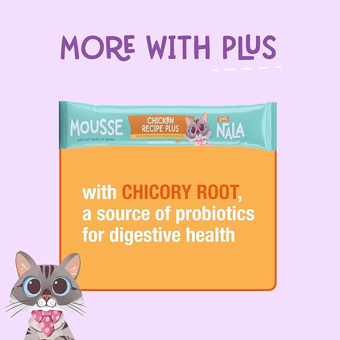 LOVE, NALA Digestive Health Chicken + Prebiotic Mousse Cat Treats – Lickable Squeeze-Up Puree, Topper or Treat – Grain-Free, 4 Pack – Human-Grade Protein, Non-GMO, No Artificial Additives