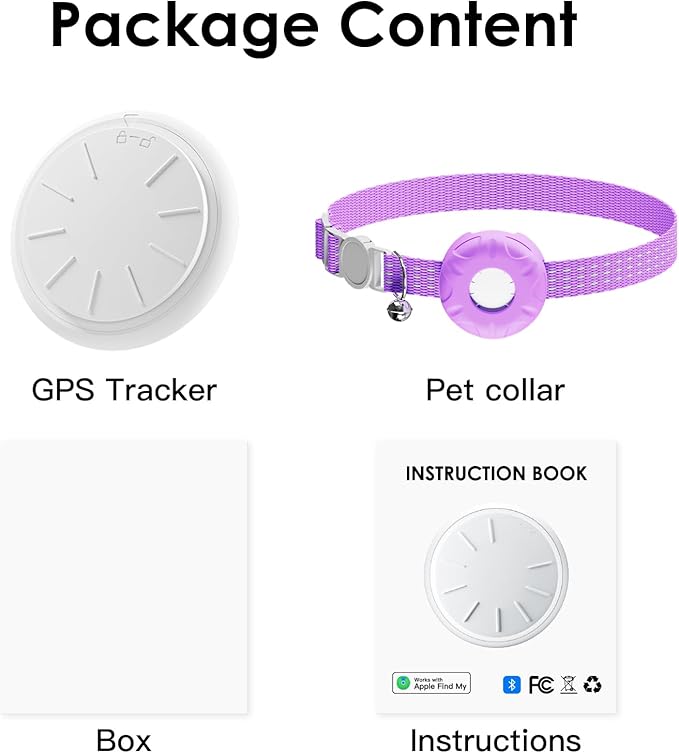 GPS Tracker for Cats, Cat GPS Tracker Compatible with Apple Find My App (Only iOS), No Monthly Fee Cat Tracker, Waterproof (White Tracker, Purple Cat Collar)