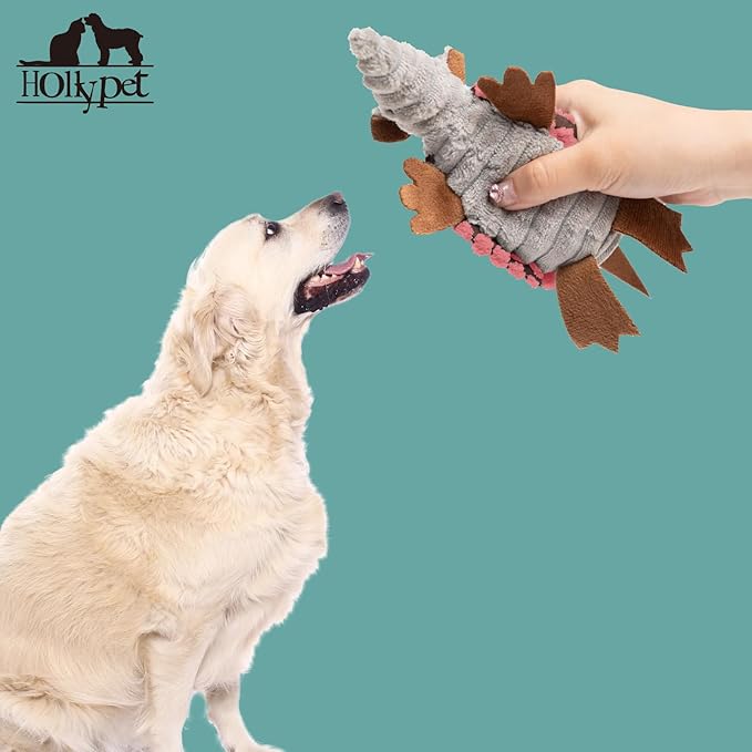 Hollypet Plush Dog Squeaky Toy Stuffed Armadillo Animal Pet Puppy Chew Toys with Clean Teeth for Small Medium Large All Breed Sizes Dogs, Bright Pink, 6 in