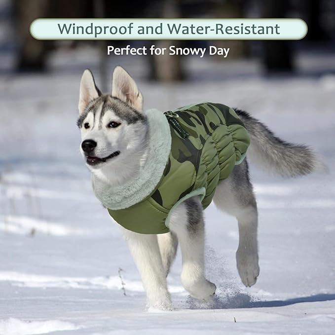 LeLePet Dog Coat, Windproof Camo Cold Weather Coat, Fleece Lined, Reflective, Adjustable, Turtleneck, Size S