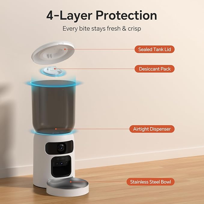 Automatic Cat Feeder with Dual 2K Camera, 5G WiFi with Night Vision, Cat Food Dispenser with App Controlled Pet Feeder, 2-Way Audio, Pet Feeder for Vacation & Work, Freshness Seal, Black